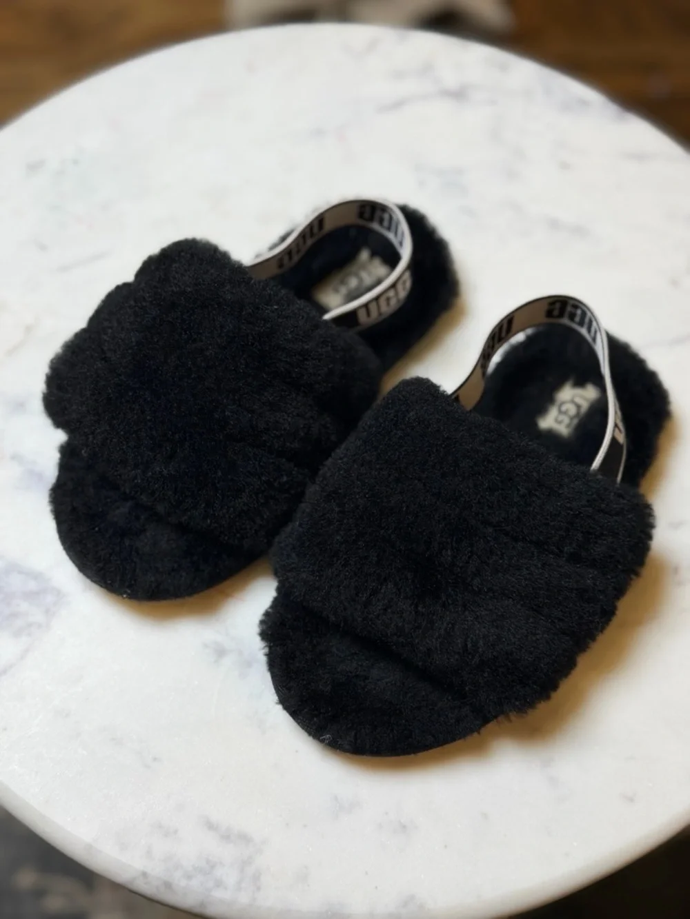 UGG Toddler Girls Size 11 Black Fuzzy Plush Slingback Slide Slippers